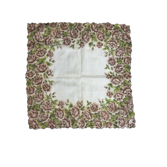 Embroidered handkerchief hankie 13 in. by 13 in. Brown and white embroidered edg - Picture 10 of 10